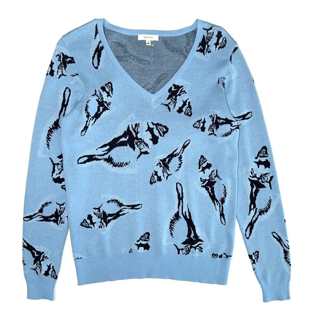 Tyler Boe Coastal Blue Seashell Knit V-Neck Lightweight Sweater Size Small